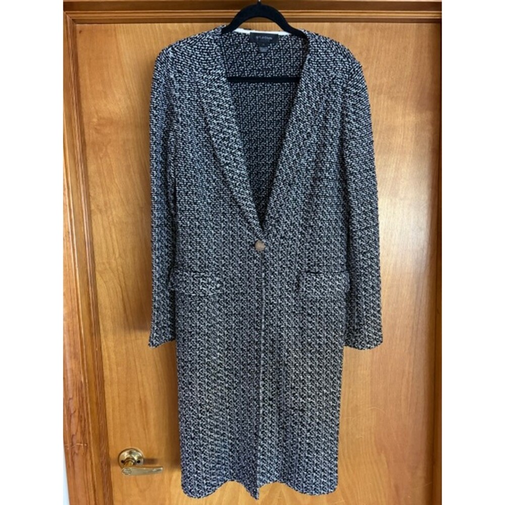 St. John Couture Long Black & White Tweed Duster Jacket Coat Sz 14 Button